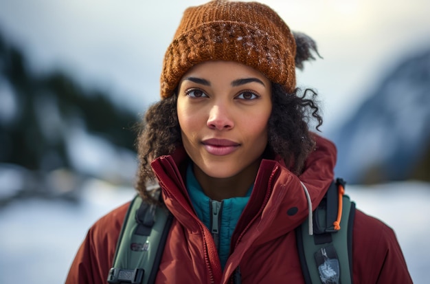 Portrait d'une randonneuse multiethnique en hiver