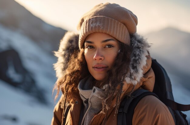 Portrait d'une randonneuse multiethnique en hiver