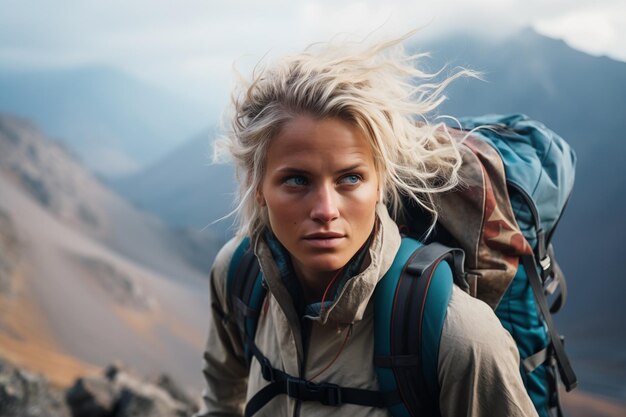 Portrait rapproché d'une belle alpiniste blonde alors qu'elle navigue vers le sommet de la montagne