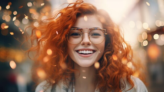 Photo portrait rapproché d'une femme aux cheveux roux et bouclés joyeuse en lunettes sur un fond bokeh flou