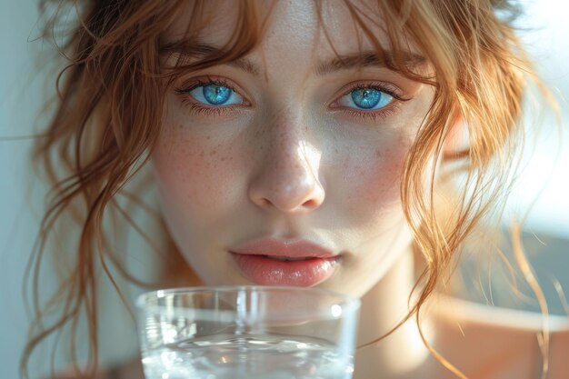 portrait rapproché d'une jeune belle femme buvant de l'eau