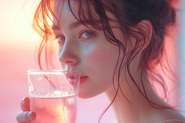 portrait rapproché d'une jeune belle femme buvant de l'eau