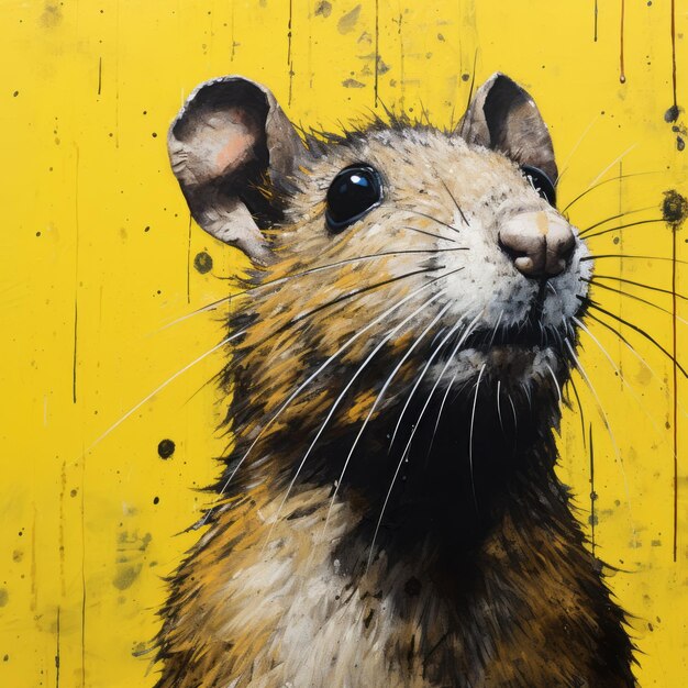 Portrait de rat de peinture en aérosol hyperréaliste sur fond jaune