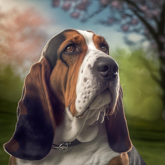 Portrait ravissant réaliste de basset hound sur fond extérieur nature