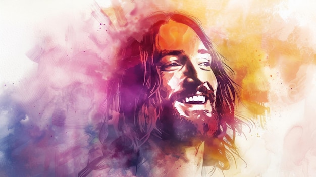 Portrait rayonnant de Jésus-Christ dans des teintes d'aquarelle chaudes AI générative