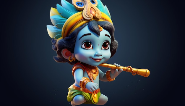 Photo portrait réaliste 3d le plus mignon du petit krishna sur fond bleu foncé ia générative