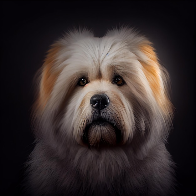 Portrait réaliste de chien Fluffu sur fond noir IA générative