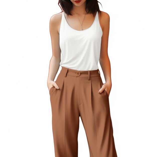 Portrait réaliste d'une femme dans un pantalon brun et un tank top blanc