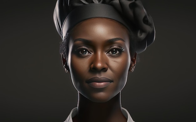 un portrait réaliste d'une femme noire avec un chapeau de chef noir femme chef ai généré