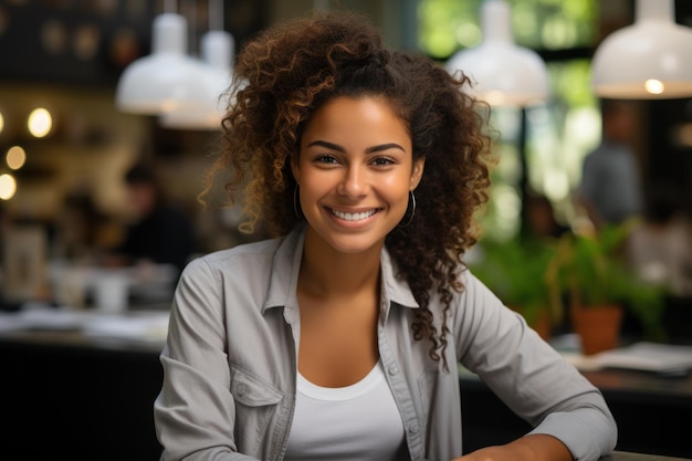 Portrait réaliste d'une femme propriétaire d'entreprise heureuse généré par l'IA