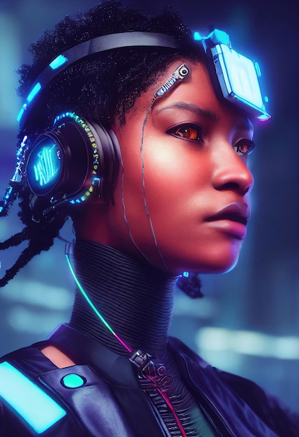 Un portrait réaliste d'une fille en ébène portant un casque cyberpunk et un équipement cyberpunk.