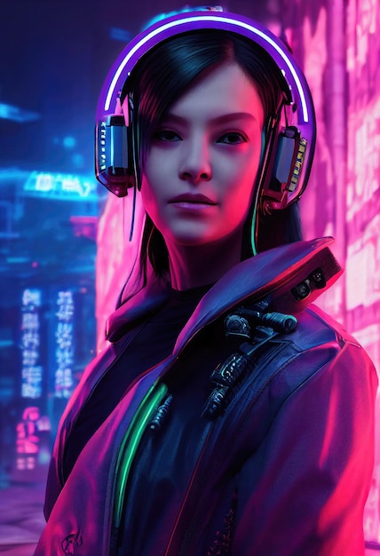 Portrait réaliste d'une fille fictive avec un casque. Une fille moderne avec un cyber-casque.