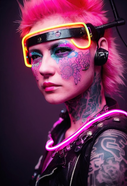 Portrait réaliste d'une fille punk fictive avec un casque et des cheveux roses. Fille hipster