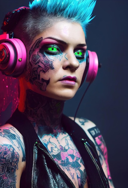 Portrait réaliste d'une fille punk fictive avec des écouteurs et des cheveux roses