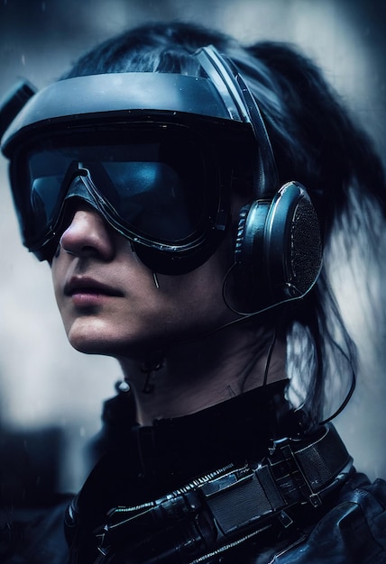 Portrait réaliste d'une fille scifi cyberpunk dans un cyber-costume Homme futuriste high-tech du futur