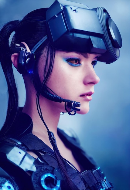 Portrait réaliste d'une fille scifi cyberpunk dans un cyber-costume Homme futuriste high-tech du futur