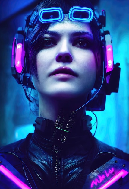 Portrait réaliste d'une fille scifi cyberpunk. Femme futuriste high-tech du futur.