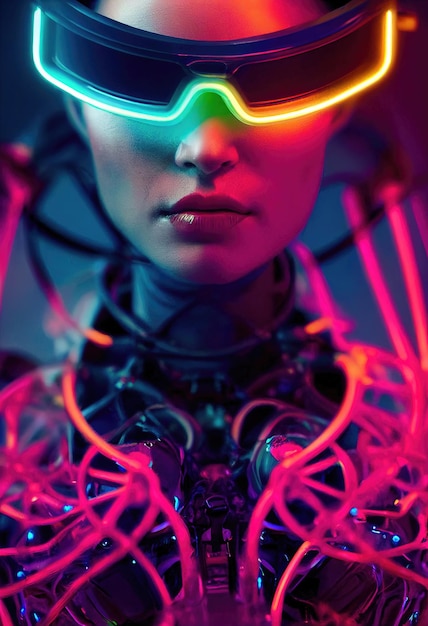 Portrait réaliste d'une fille scifi cyberpunk. Homme futuriste de haute technologie du futur.