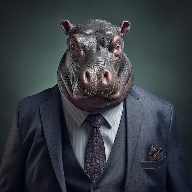 un portrait réaliste d'un hippopotame en costume