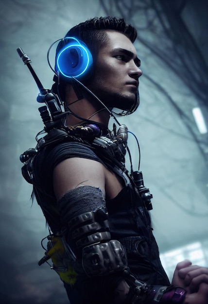 Portrait réaliste d'un homme cyberpunk scifi dans un costume cybernétique Homme futuriste de haute technologie