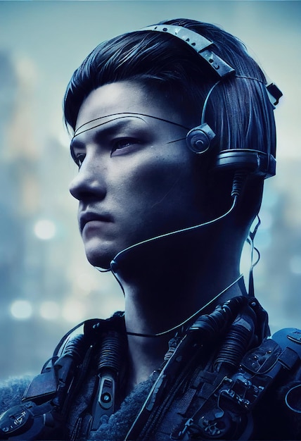 Portrait réaliste d'un homme cyberpunk scifi dans un costume cybernétique Homme futuriste hightech du futur Le concept de réalité virtuelle et de rendu 3D cyberpunk