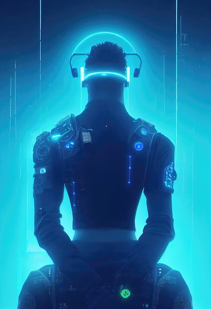 Un portrait réaliste d'un homme en néon portant un casque cyberpunk et un équipement cyberpunk