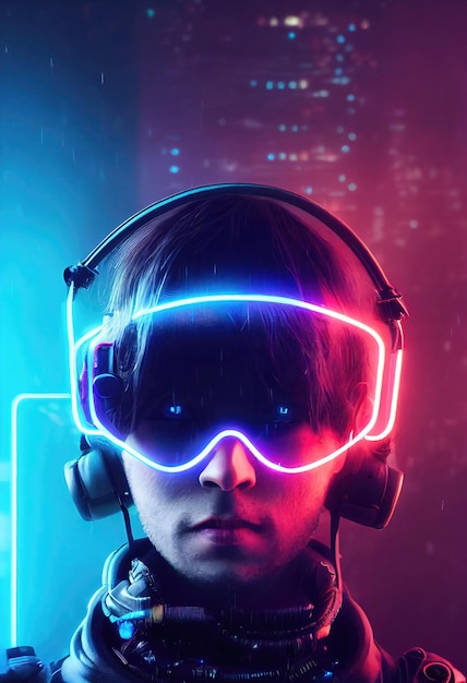 Un portrait réaliste d'un homme en néon portant un casque cyberpunk et un équipement cyberpunk