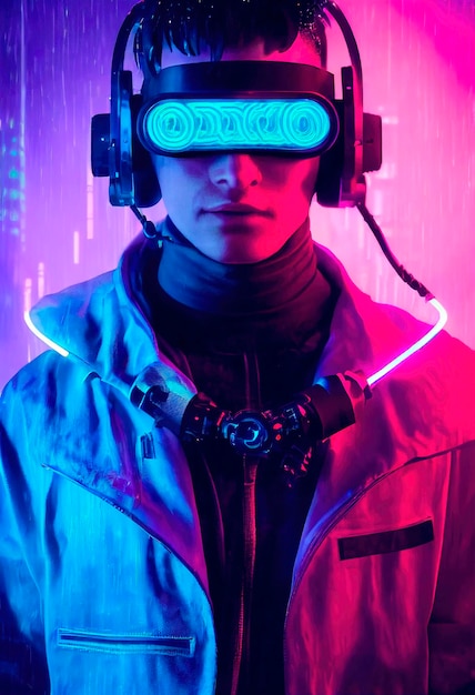 Un portrait réaliste d'un homme en néon portant un casque cyberpunk et un équipement cyberpunk