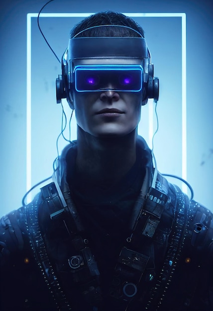 Un portrait réaliste d'un homme portant un casque cyberpunk et un équipement cyberpunk