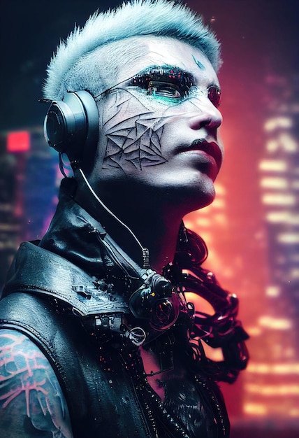 Un portrait réaliste d'un homme portant un casque cyberpunk et un équipement cyberpunk