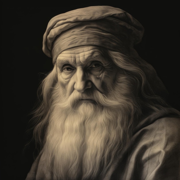 Portrait réaliste de Léonard de Vinci avec des figures détaillées