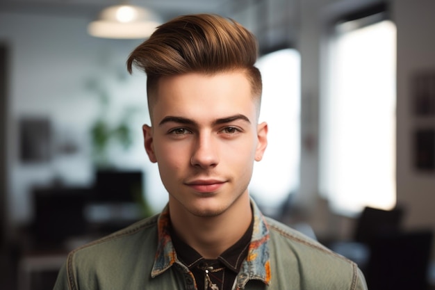 Photo portrait recadré d'un beau jeune designer au bureau créé avec une ia générative