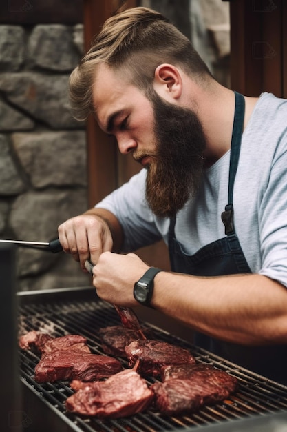 Portrait recadré d'un bel homme préparant de la viande sur un gril extérieur créé avec une IA générative