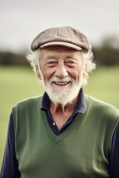 Photo portrait recadré d'un homme âgé heureux profitant de sa journée sur le terrain de golf