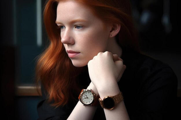 Portrait recadré d'une jeune femme regardant sa montre créée avec une IA générative