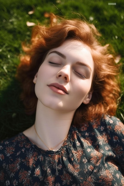 Portrait recadré d'une jolie jeune femme allongée sur l'herbe, les yeux fermés