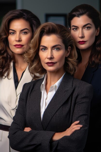 Portrait recadré de trois femmes d'affaires posant ensemble dans le bureau créé avec une IA générative