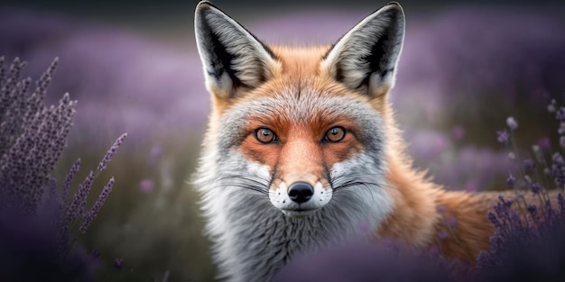 Portrait d'un renard avec de la lavande en arrière-plan Generative AI