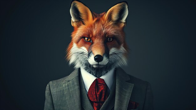 Portrait d'un renard vêtu d'un costume élégant sur un fond sombre