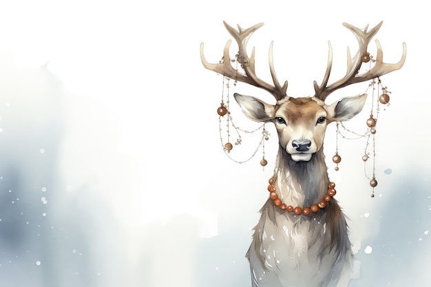 Portrait d'un renne de Noël avec des décorations et un arbre de Noël
