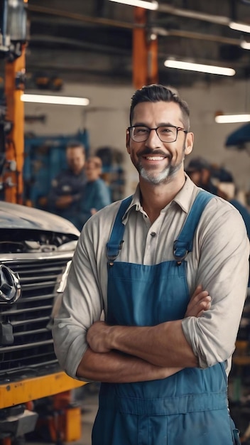 Portrait d'un réparateur automobile heureux regardant la caméra pendant que ses clients se tiennent à l'arrière