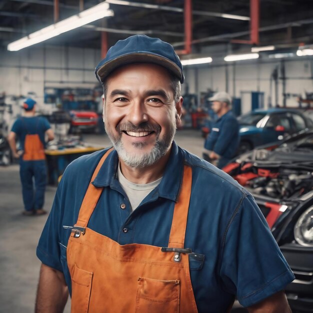 Portrait d'un réparateur automobile heureux regardant la caméra pendant que ses clients se tiennent à l'arrière