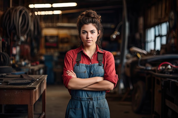 Portrait d'une réparatrice latine une voiture dans un atelier de réparation automobile Une jeune femme sérieuse dans son atelier Un petit concept d'entreprise