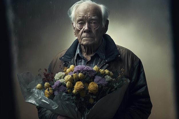 Portrait d'un retraité triste âgé avec un bouquet de fleurs dans la rue le soir sous la pluie