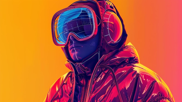 Un portrait rétro-futuriste d'une personne portant un masque de ski et des écouteurs La personne regarde vers le côté avec une expression sérieuse