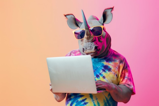 Photo portrait d'un rhinocéros drôle en lunettes de soleil avec un ordinateur portable sur un fond coloré