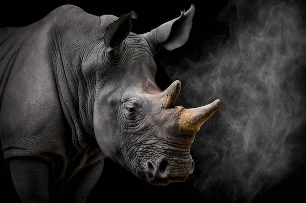 Portrait d'un rhinocéros sur fond noir pour l'adverbe ou la boutique en ligne de site Web Photo smoke rhino