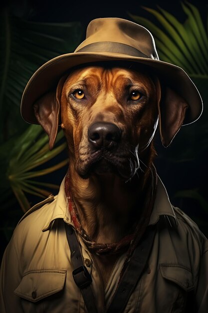 Portrait de Rhodesian Ridgeback Pirate Safari Chien Pith Casque Khaki Safa Collections d'arts animaliers