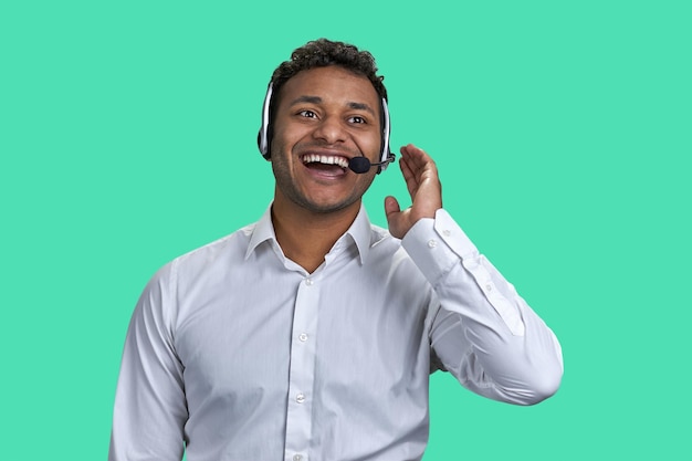 portrait, de, rire, jeune, indien, homme, à, casque