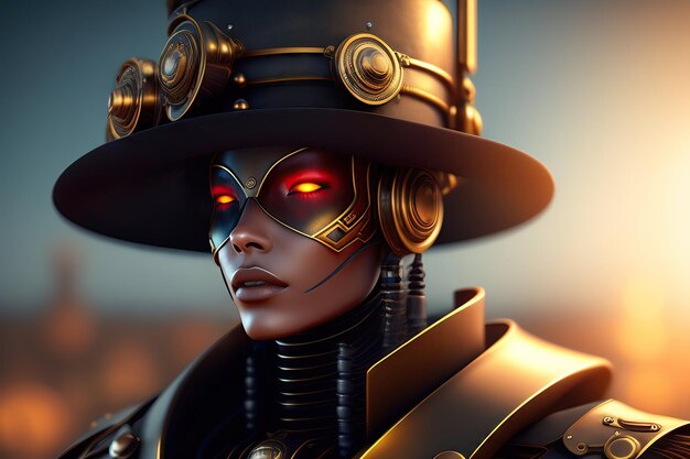 Portrait d'un robot Cyborg dans le style Steampunk Illustration 3d du concept d'intelligence artificielle